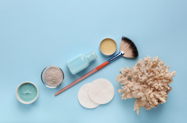 Composition with ingredients for facial mask on color background