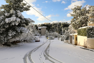 Beautiful winter morning snow covered streets of Athens, Greece, 8th of January 2019.