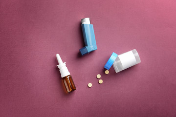 Different drugs on color background. Health care concept