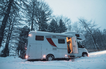camping van car for van life lovers in the winter near the forest landscape camping for caravan