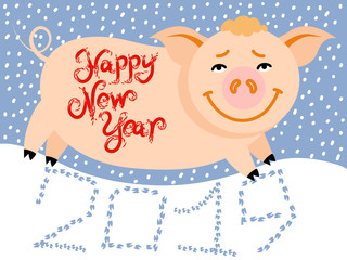 Postcard with new year 2019 yellow earthen pig.