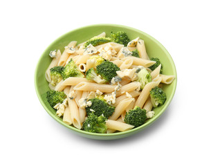 Plate with tasty pasta on white background