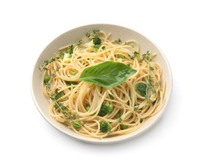 Plate with tasty pasta on white background