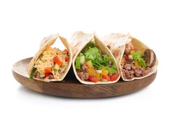 Plate with tasty tacos on white background