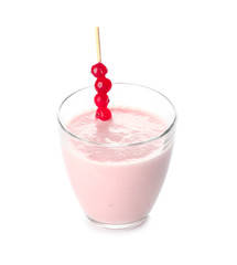 Glass of tasty milkshake on white background
