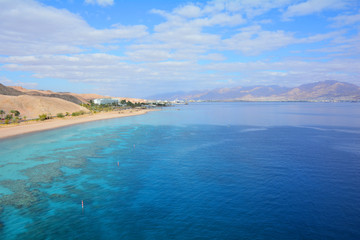 Fototapeta na wymiar Mountain and coral reef in the Red sea, Israel, Eilat. Panoramic landscape view