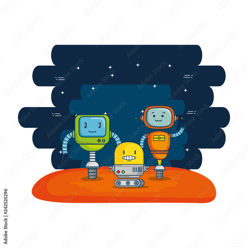 Poster group of cute robots with universe background