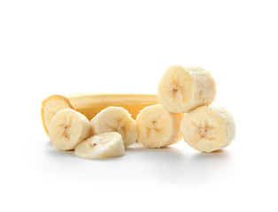 Tasty cut banana on white background