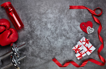 Sport equipment and red hearts. Fitness.