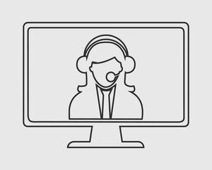 Online customer service line icon. Helping women on computer monitor.
