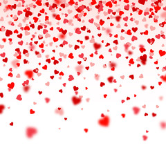 Valentines Day Falling Red Blurred Hearts On White Background. Heart Shaped Paper Confetti. February 14 Greeting Card.