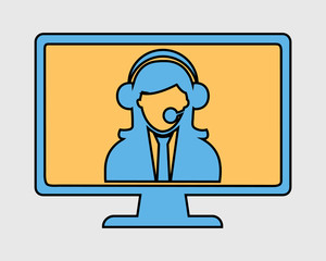 Fototapeta na wymiar Colorful Online customer service icon. Helping women on computer monitor.