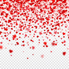 Valentines Day Falling Red Blurred Hearts On White Background. Heart Shaped Paper Confetti. February 14 Greeting Card.