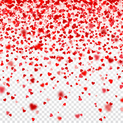 Fototapeta na wymiar Valentines Day Falling Red Blurred Hearts On White Background. Heart Shaped Paper Confetti. February 14 Greeting Card.