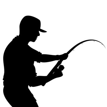 recommend clip art: Fisherman with equipment and fishing rod silhouette