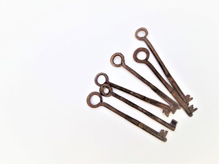 Vintage Antique Old Keys on a White Background.