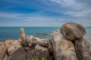 Hin Ta and Hin Yai Rocks and azure sea. A famous place Grandmother and Grandfather in Koh Samui island, Thailand
