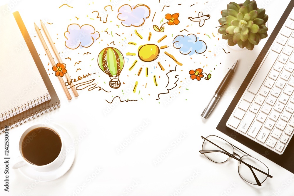 Poster computer keyboard at workplace and cup isolated on background