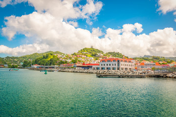 Beautiful landscape of Grenada, St George's town. View from the ocean. - obrazy, fototapety, plakaty