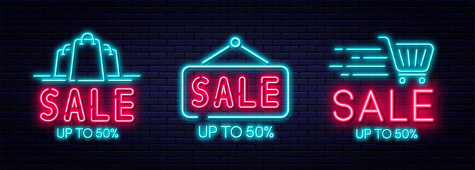 Sale neon sign, sale and discount concept. Set of glowing neon signs for e-commerce, advertisement, banner, billboard © Yevhenii