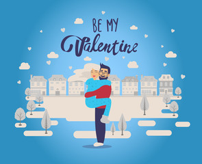 Happy young couple in love in flat style design, card for Valentines Day. Vector illustration of lovers, man and woman with love. 14 february, surprise