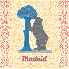 Illustration of The Statue of the Bear and the Strawberry Tree with text "Madrid". Hand drawn vector art of the coat of arms of the capital of Spain. Isolated drawing on beige background. 