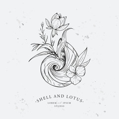 Shell entwined with algae and lotus flower. Marine logo concept on grunge background. Hand drawn vector illustration.