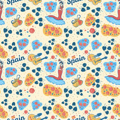 Flat hand drawn seamless color pattern inspired Spain and its musical culture. Modern cartoon vector texture with flamenco dancer, guitar, bandurria, costanets and rose flowers