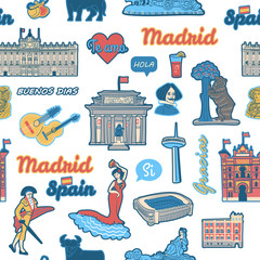 Flat hand drawn seamless color pattern inspired Spain and its capital city - Madrid. Modern cartoon vector texture with famous symbols, landmarks and text phrases for print
