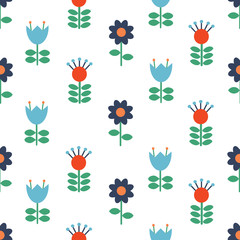 Vector Scandinavian folk art seamless pattern background, floral navy blue repetitive design, Nordic ornament with flowers.Retro style decoration, Scandi endless background perfect for textile design