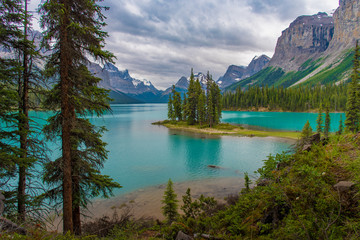 Canada forest landscape of Spirit Island with big mountain in the background, Alberta, Canada.