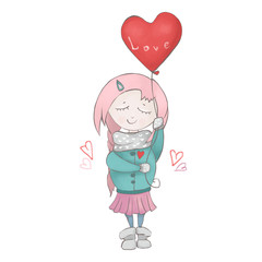 Girl with a balloon in the form of a heart. Valentine's Day. Illustration is isolated