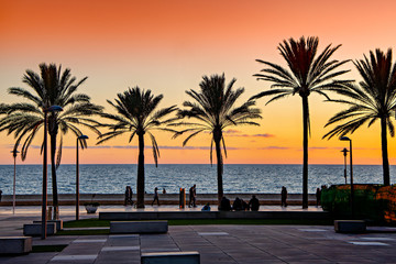 Silhouettes of people walking along beach promenade at sunset. © Lux Blue