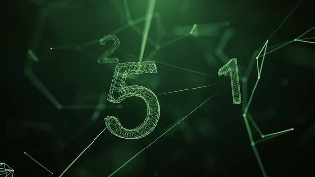 Countdown abstract connection network.Flying out Infographic network digital elements.Numbers 5 to 1.Futuristic technological background.Geometrical shapes lines dots.Plexus zoom out.Green