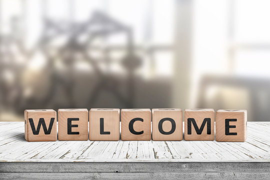 Welcome sign on a table in a lobby
