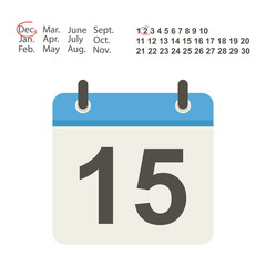 Calendar icon with the selection of the month and date with number 15. Vector illustration.