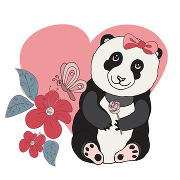 открытка сердечко с пандой и цветами