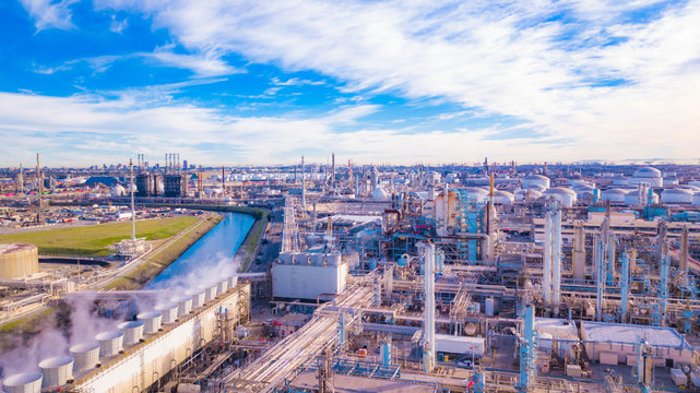 Oil Refinery with American Flag in California