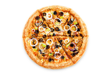 Pizza with tuna, olives, green pepper and red onion isolated