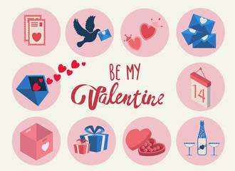 Valentines Day set, flat style. Love, romance and dating symbols collection, design element, object isolated. Heart, love letter, hearts, gift. Vector illustration, clip art, 14 february