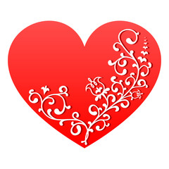 Red heart with white floral ornament. Vector Valentine symbol