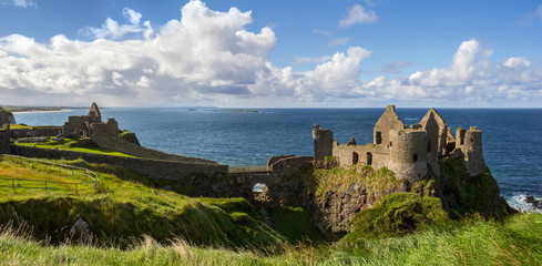 Panorama view of Dunluce castle in Northern Ireland, United Kingdom, on the Causeway coastal driving route,  Emerald Island.