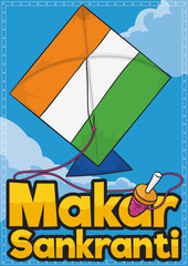 Kite with Indian Colors, Reel and Sign during Makar Sankranti, Vector Illustration