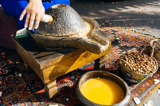 ARGAN OIL. Making of argan oil from argan nuts and seeds in Morocco