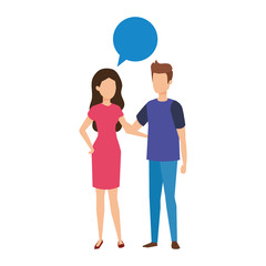 young couple with speech bubble characters