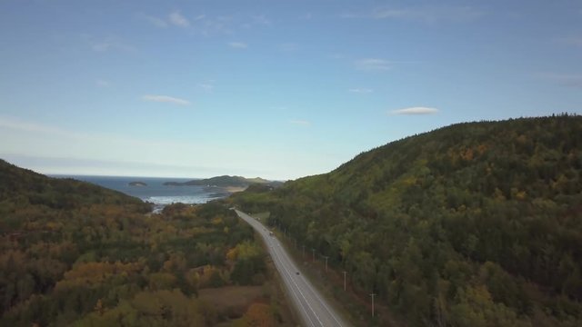Aerial panoramic landscape view of Bic National Park during a vibrant sunny day. Taken in Le Bic, Rimousky, Quebec, Canada.
