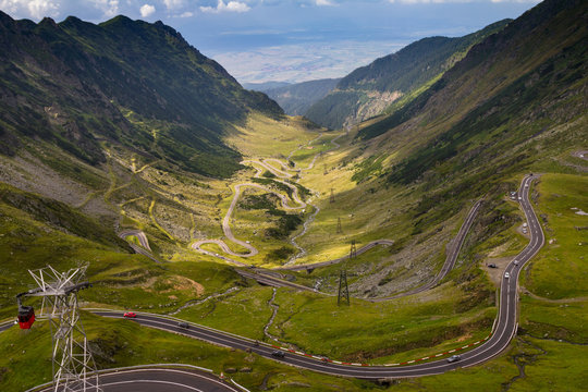 Landscape of the Transfagarasan mountain winding road.  Highway, the most beautiful road in Europe, Romania (Transfagash), Ridge Fagaras. Romanian Carpathians.