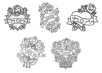 Heart twisted in the ribbon. Heart tattoo with ribbon and roses. Old school style. Ribbon with an inscription mom love. Black and white tattoo