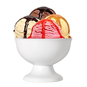 strawberry, chocolate and vanilla ice cream scoop with sauce, syrup or sherbet in bowl isolated on white background