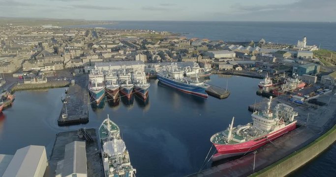Aerial footage of Fraserburgh harbour in Aberdeenshire